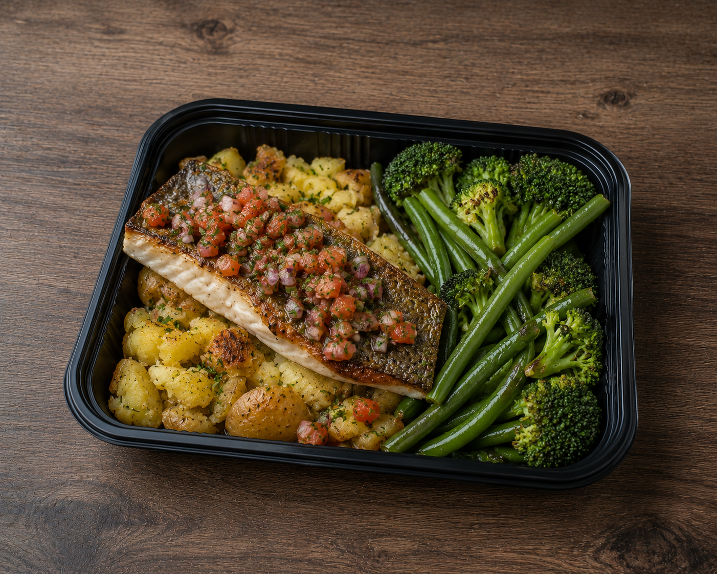 Sea Bass with Crushed Roast Potatoes, Broccoli & Green Beans