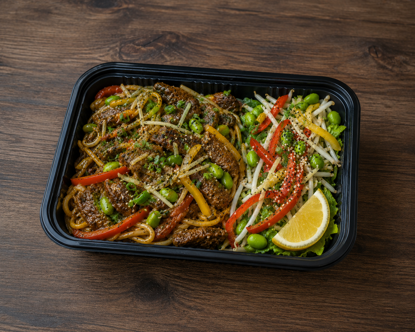 Asian Style Beef, served with Egg Noodles & Beansprout Edamame Salad